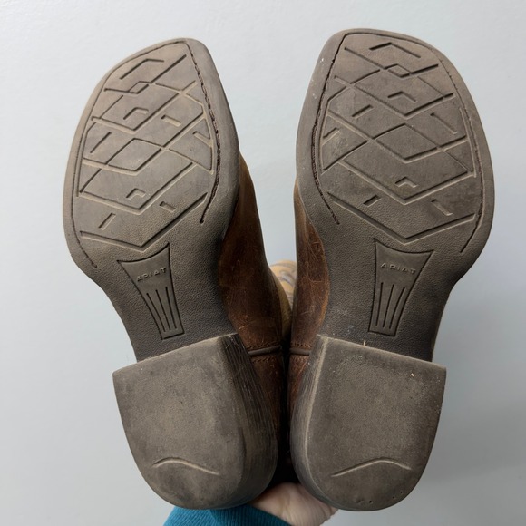 Ariat Crossfire 4LR Youth Brown Tan Blue Leather Cowboy Boots Square Toe Size 4 - Picture 6 of 7